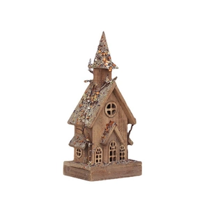 Lighted wooden Christmas house miniature with sequins for festive tabletop decoration