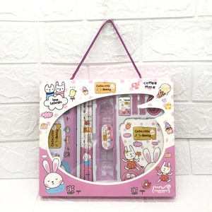 Pink bunny stationery set gift box with pencil, ruler, and notebook for children