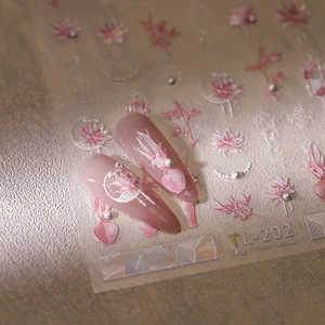 Elegant 3D pink flower nail art stickers with pearls and moon designs for manicure