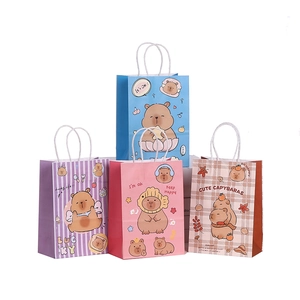 Detailed view of colorful Capybara printed gift bags in blue, purple, pink and plaid brown