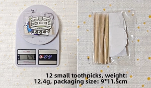 Macro detail of 12 football cupcake toppers with packaging dimensions and weight