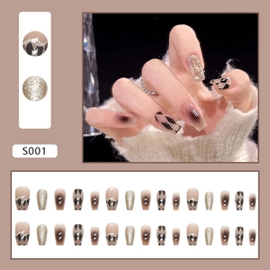 Checkerboard pattern and brown glitter gradient press-on nails set with 24 nail tips