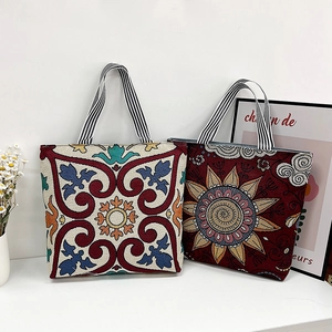 Retro ethnic canvas tote bags with vintage floral embroidery and striped handles