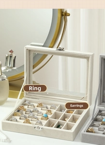 Detail of velvet jewelry box with ring slots, ear stud grids and transparent window