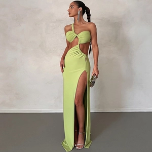 Lime green one-shoulder evening gown featuring waist cut-out and high side slit detail