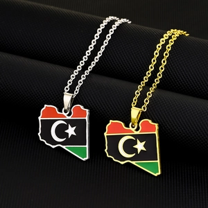 Collier Pendentif Carte Drapeau Libye Acier Inoxydable Style Ethnique Bijoux Rétro Accessoires Unisexe