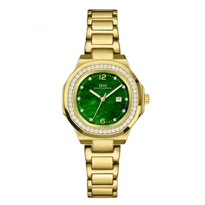 Golden quartz watch with green marble dial, date window and crystal bezel in octagon case