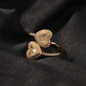 Fashion hip hop open ring with double heart-shaped diamonds on black silk background