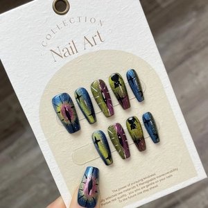 Handmade Press On Nails Cat Eye Evil Eye Design Long Coffin Shape Mystery Galaxy Style Reusable False Nails For Women