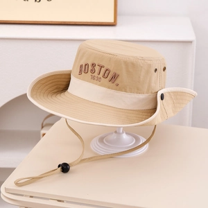 Detail of khaki outdoor sun hat with Boston 1630 embroidery and adjustable windproof strap