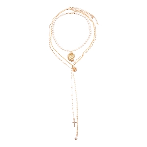 Three-layer layered necklace featuring faux pearls, gold conch charms and a crystal cross