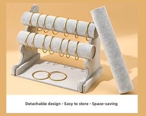 Gray velvet T-bar jewelry display with double-tier detachable stands for bracelets