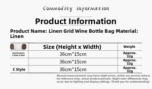 Detailed size chart and material specs for linen plaid Christmas wine bottle covers