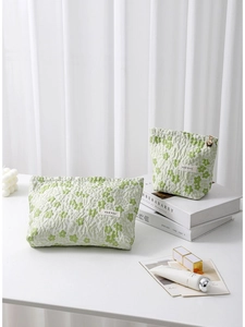 Floral quilted cosmetic bag set in mint green with 3D flower pattern and metal zipper