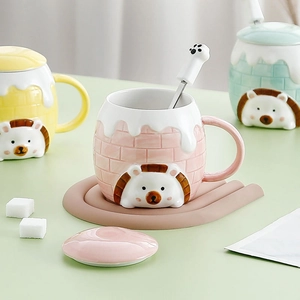 Pink hedgehog ceramic mug set with lid, spoon and coaster for home and office use