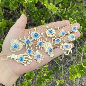 Evil Eye Pendant Necklace Copper Gold Plated Zirconia Blue Eye Amulet Protection Jewelry Heart Hamsa Hand Boho For Women