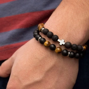 Men's 8mm Tiger Eye and Black Lava Stone beaded bracelet set with silver cross charm
