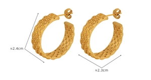 Detailed view of gold braided texture earrings with 2.4cm by 2.3cm size dimensions