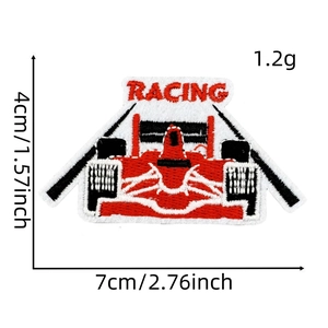 Detailed close-up of a red racing car embroidery patch showing 7cm x 4cm size dimensions