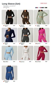 Flat lay of high-waist zip-up long sleeve yoga set in ten vibrant colors for women