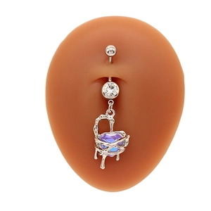 Silver belly button ring with melting heart pendant and blue purple crystal on model