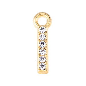Close-up of golden letter I pendant with sparkling rhinestones for jewelry making