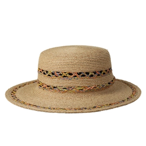 Handwoven colorful raffia straw flat top sun hat with vibrant decorative braid and wide brim