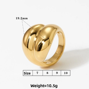 Detail of chunky gold overlapping ring with 19.2mm width and 10.5g weight specifications