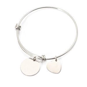Minimalist silver stainless steel open bangle with polished round and heart charms