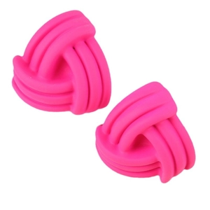 Minimalist triangle stud earrings with rose red woven knot design on white background