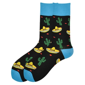 Close-up of black cotton socks featuring green cactus and yellow sombrero patterns