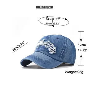 Tableau des tailles pour casquette en denim délavé avec broderie New York City et mesures