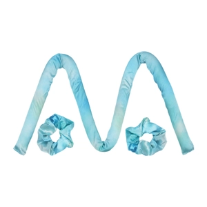 Blue gradient heatless silk hair curler set with matching scrunchies on white background