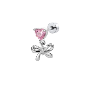 Silver stud earring featuring pink heart zircon and bowknot pendant on white background