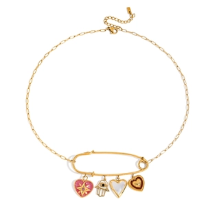 18K gold plated stainless steel necklace with pink heart star and hamsa hand charms