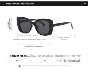 Detailed size chart for black cat-eye sunglasses model CY5515 with frame dimensions