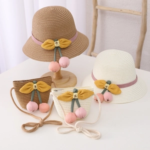 Kids Straw Hat And Matching Handbag Girls Summer Sun Protection Paper Straw Cute Cherry Yellow Bow Vacation