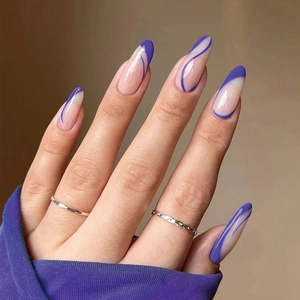 Purple Wavy Lines Press On Nails Almond Shape Nude Base Artificial False Finger Nails For Women Elegant Manicure Decor