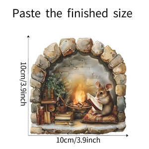 Detailed 10cm DIY wall sticker showing a cute mouse reading by a cozy stone fireplace