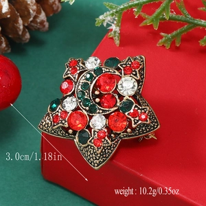 Detailed view of a vintage star and moon brooch with colorful rhinestones and size specs