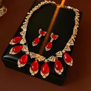 Vintage Luxury Red Teardrop Necklace And Earrings Alloy Resin Rhinestone Court Style Jewelry For Women