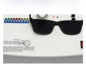 UV400 protection test showing round sunglasses on professional ultraviolet tester