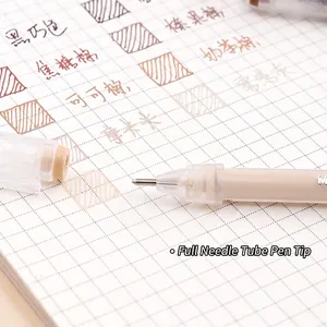 Milk tea beige neutral gel pen set with needle tip and brown ink color test on grid paper