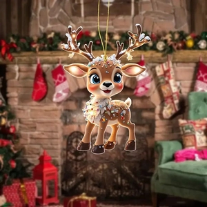 Cute reindeer Christmas tree ornament with LED lights hanging in a cozy festive room