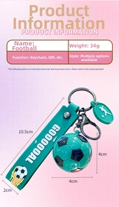Vista dettagliata del portachiavi calcio blu tiffany con dimensioni e cinturino goal