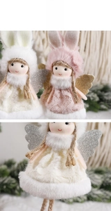 Detail of plush angel rabbit ornament with lace dress and sparkling wings for Christmas decor