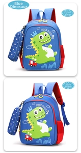 Detail view of blue cartoon dinosaur kids backpack with star coin purse attachment