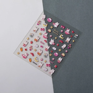 Detailed macro view of 5D cute bunny and flower embossed nail art stickers FEB-604