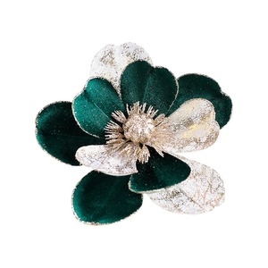 Fleur de Noël artificielle de 15 cm en velours vert foncé et paillettes dorées