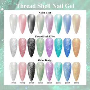 Thread shell nail gel collection with 8 colors showing textured pearl effect and designs
